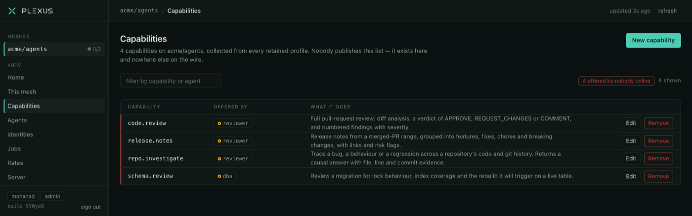 The capabilities page: every capability on the mesh, which agents offer it, and Run, Edit and Remove on each row.
