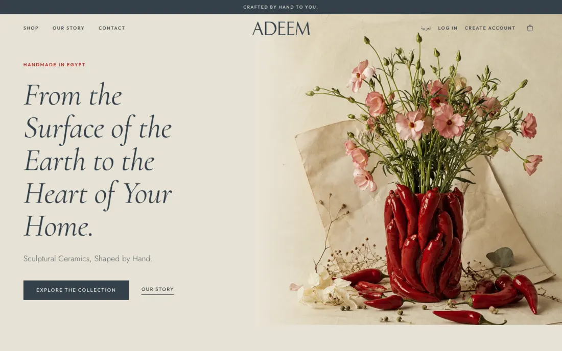 ADEEM home page: a red sculpted ceramic vase with pink flowers and the headline 'From the Surface of the Earth to the Heart of Your Home'